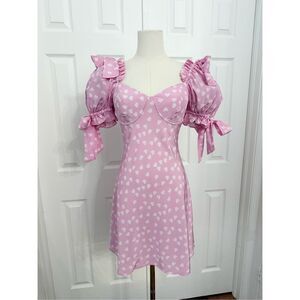 Selkie Womens Pink White Two Hearts Puff Sleeves Silk Mini Poet Dress Size XS